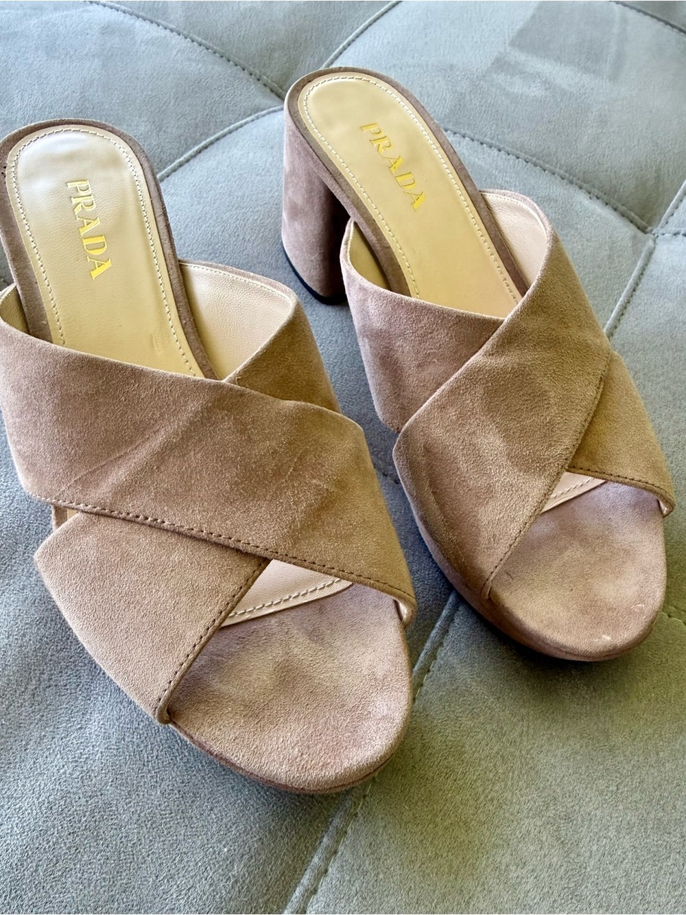 Prada Taupe Suede Crisscross Block Heel Mules